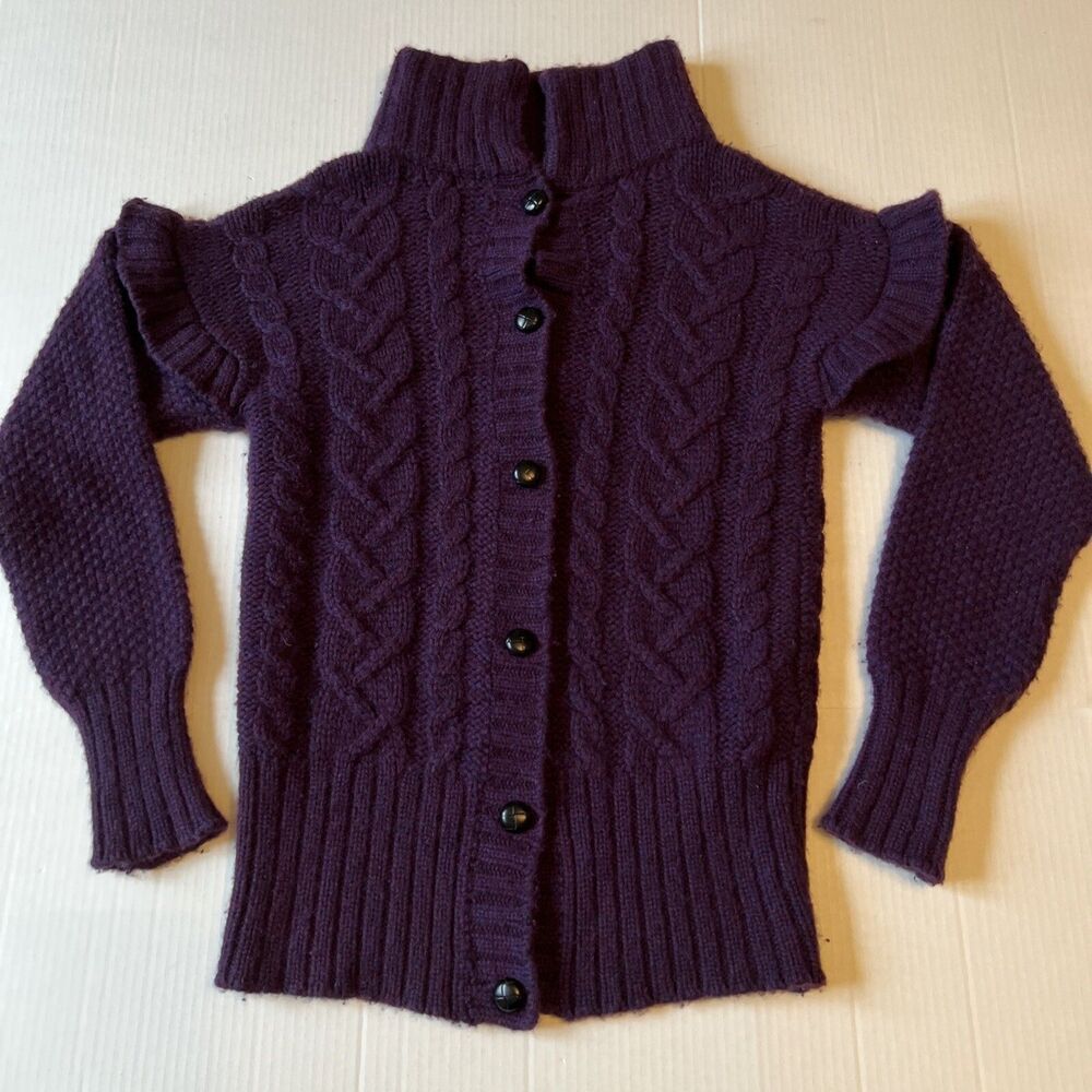 Sahaja Luxury Sz S Cardigan Sweater 100% Cashmere Soft Purple Ruffles Thick EUC